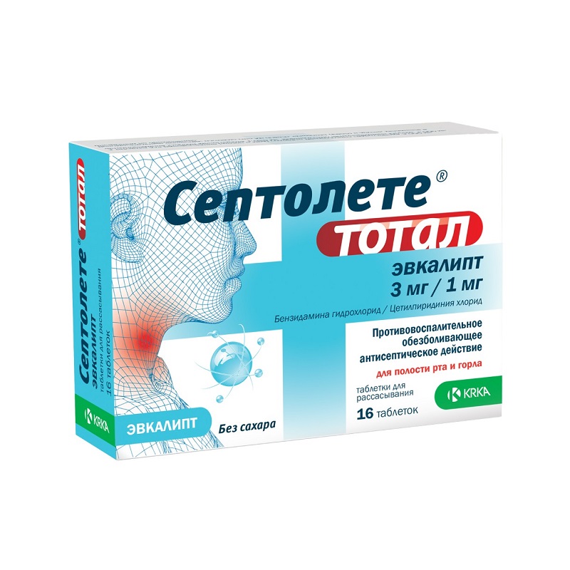 СЕПТОЛЕТЕ ТОТАЛ ЭВКАЛИПТ  (табл. д/рассасывания 3мг/1мг  №8х2)