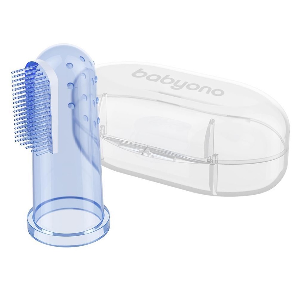 BabyOno Щетка (массажер) для массажа десен из силикона, в футляре, цвет синий 0 мес+