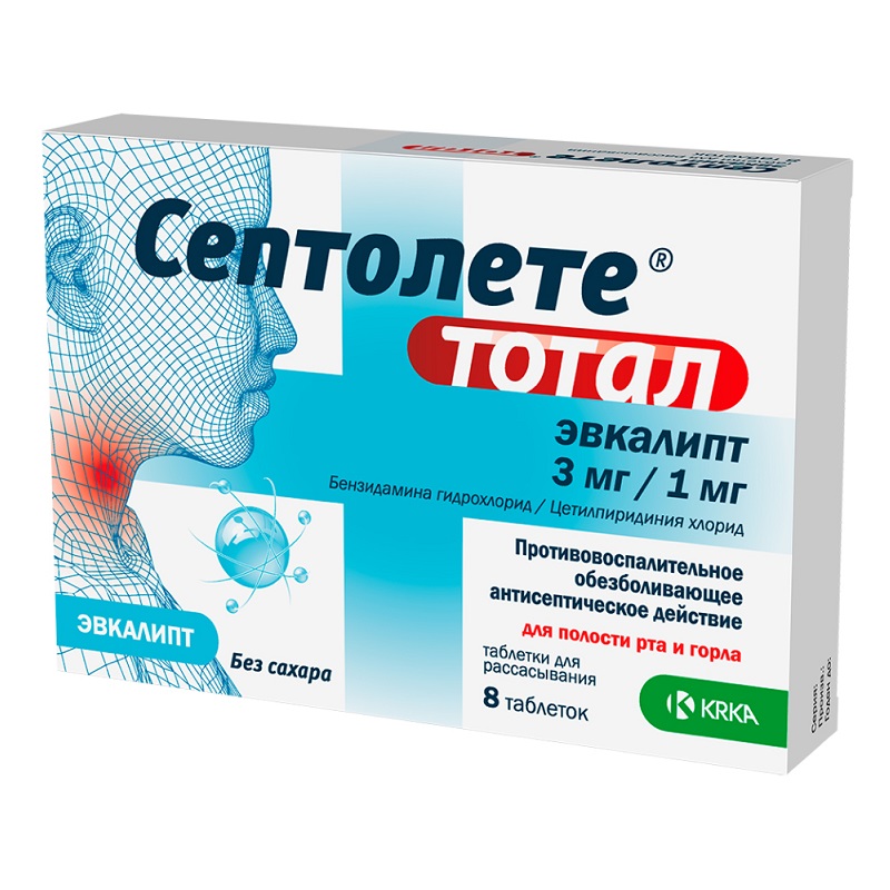 СЕПТОЛЕТЕ ТОТАЛ ЭВКАЛИПТ  (табл. д/рассасывания 3мг/1мг  №8х1)