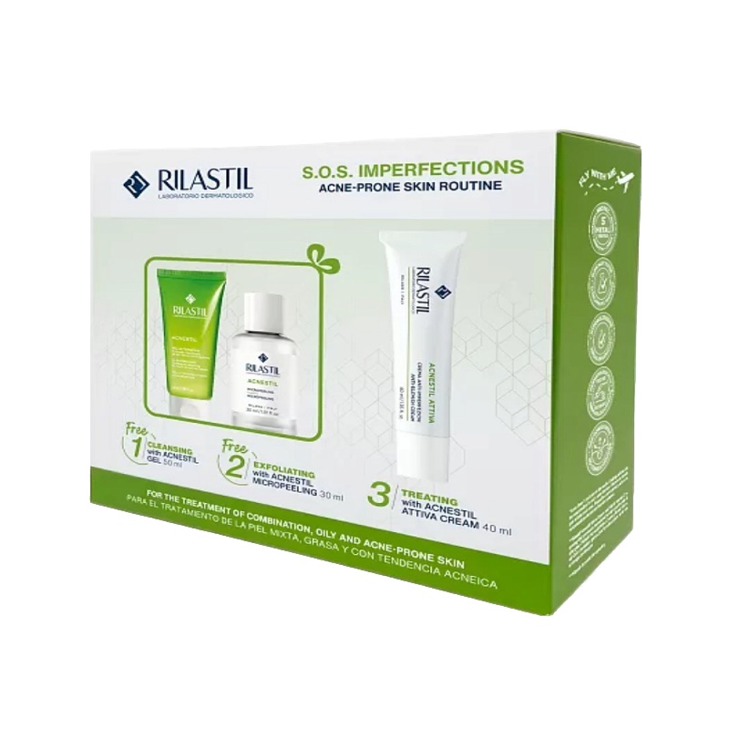 RILASTIL ACNESTIL Набор Очищающий гель 50мл, Микропилинг 30мл, ATTIVA Крем д/кожи 40 мл