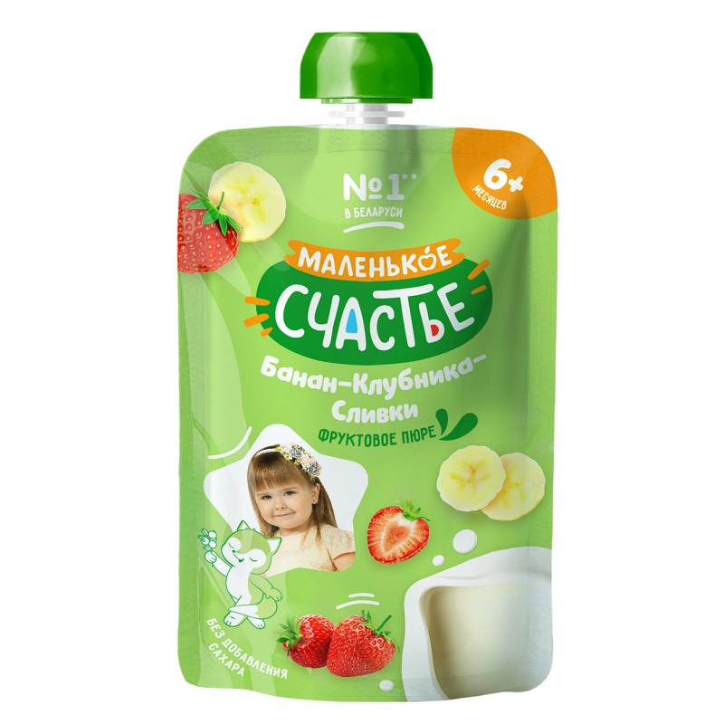 Маленькое счастье (Пюре из банана и клубники со сливками д/дет. пит. д/детей ранн. возр. гомогениз., стерилиз.  90 г (Дойпак))