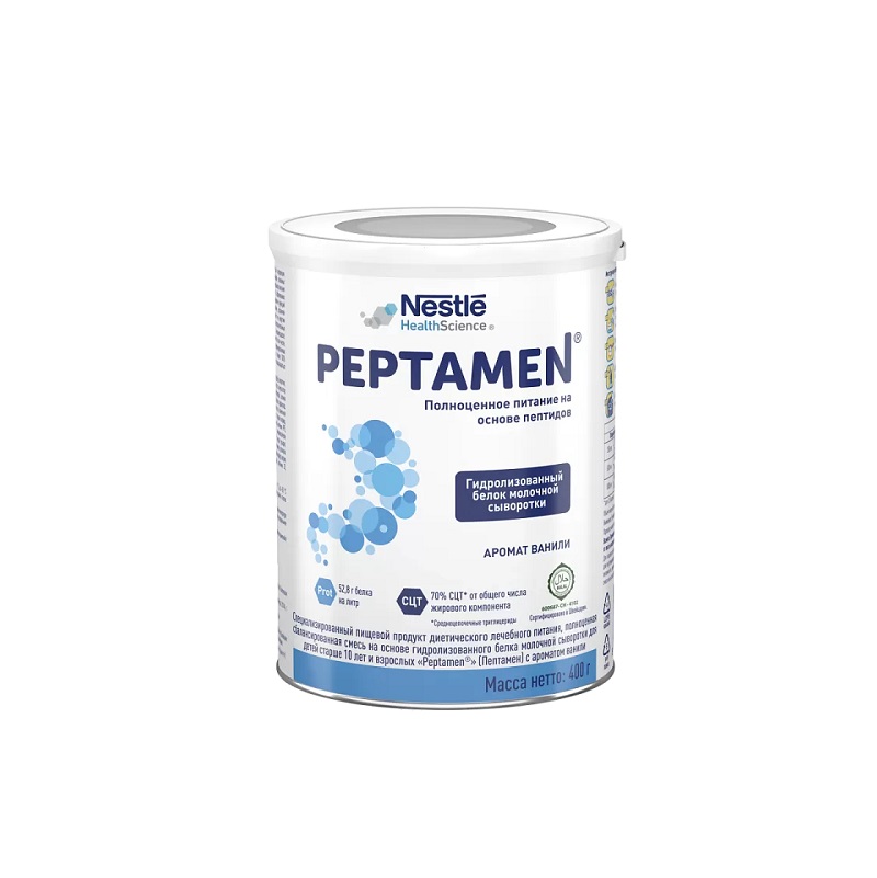 Нестле (Nestle) (Peptamen  Спец.пищ.продукт диет.леч.питания полноцен.сбаланс. смесь  на осн.гидролиз.белка молоч.сыв.д/дет. и взросл. от 10лет с аром.ванили 400г.)