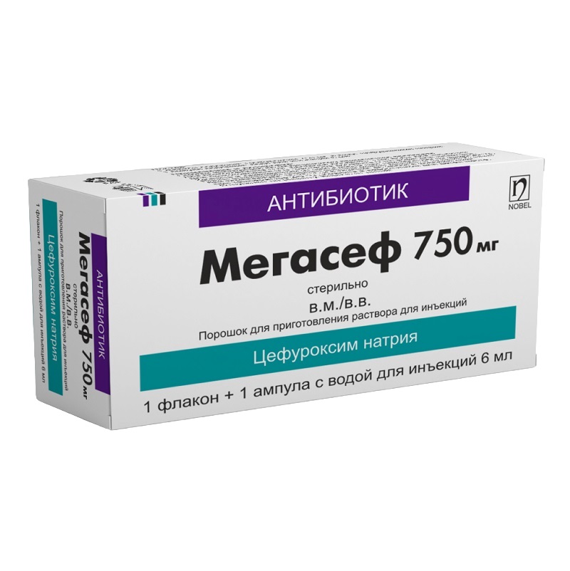 МЕГАСЕФ (пор. д/приг. р-ра д/ин. 750 мг во фл. в комп. с раствор. (вода д/инъекций в амп. 6 мл)   №1)